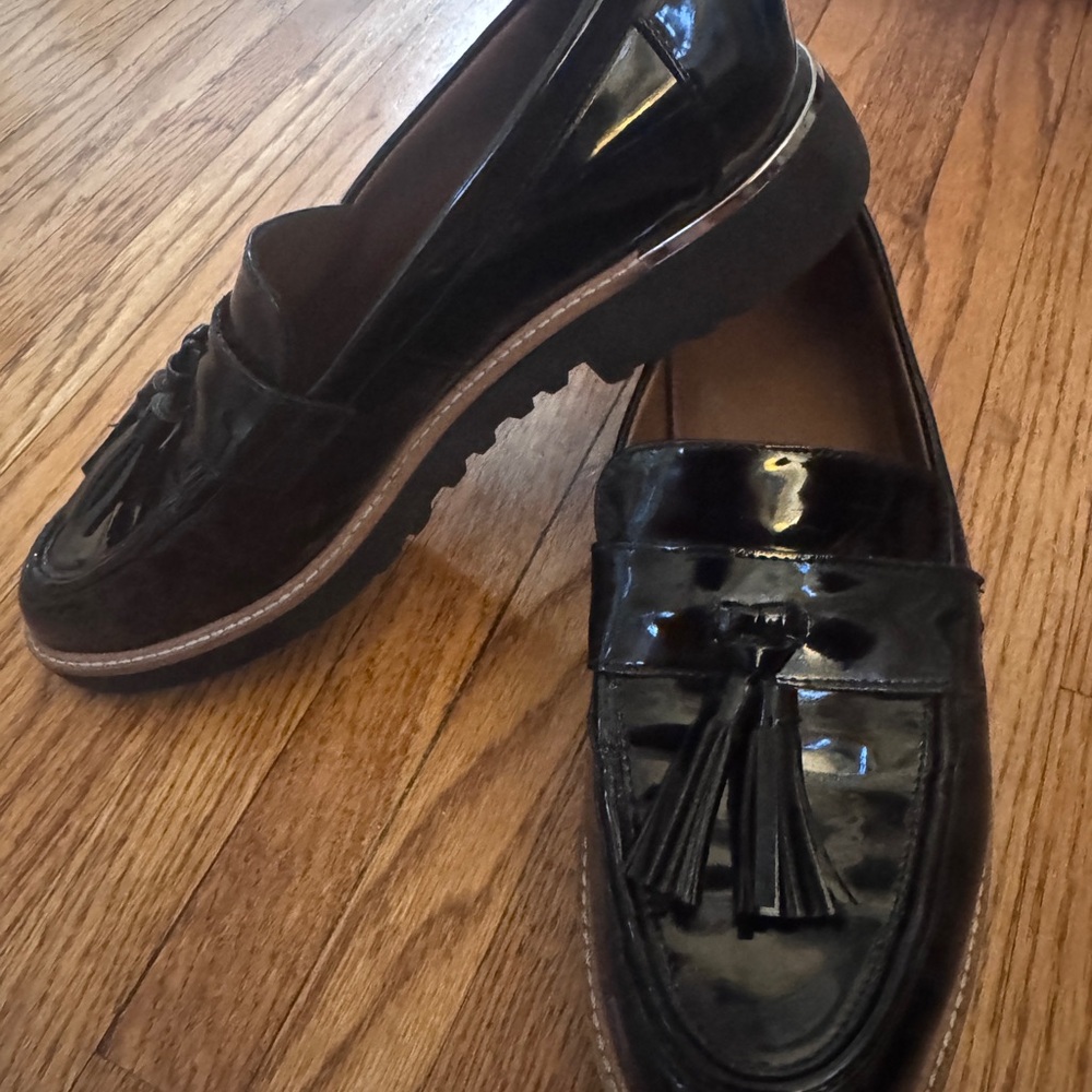 Franco Sarto Black Tassel Patent Leather Loafers